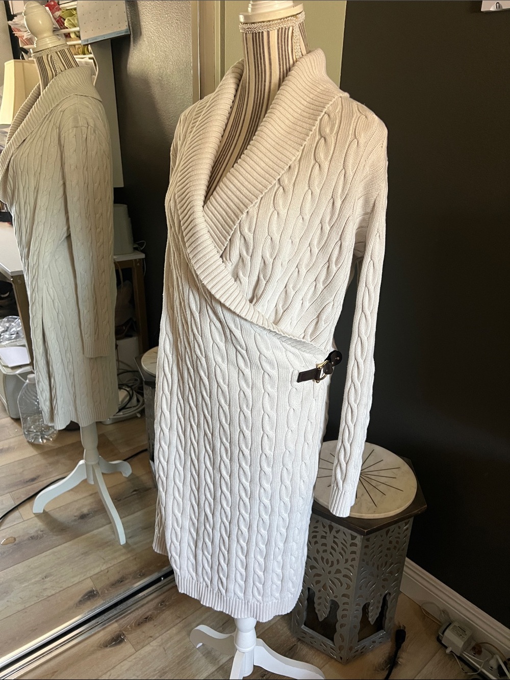 1 hour sale. Lauren Ralph Lauren, XL, Cream Cable-Knit Shawl-Collar Wrap Dress